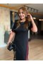 Women's Short Sleeve Crew Neck Side Slit Stripe Detailed Modal Midi Dress - 3