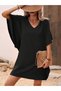 Women's Short Sleeve V-Neck Short Imported Crepe Dress with Flounces on the Sides