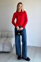 Women's Red Basic Knit Sweater with Cuff Buttons - 3