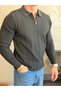 Men's Relaxed Fit Zippered Textured Polo Sweater Black Eca095 - 2