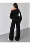 Women's Ribbed Knitted Fabric Asymmetrical Collar Black Sweatshirt-Black Wide Leg Pants Set - 3