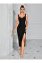 Women's Strappy, Low-Cut, Side Gathered, Slit Midi Imported Crepe Dress - 4