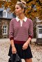 Burgundy Polo Collar Cuffed Sleeves Striped Half Placket Buttoned Hem Lycra Knitwear Sweater 62 60 - 5
