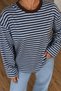 Women's Baby Blue Brown Striped Crew Neck Oversize Sweatshirt - 2