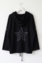 Black Hooded Raglan Sleeve Zippered Pocket Star Appliqué Casual Tencel Woven Jacket 75 66 - 2