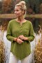 Green Pool Collar 3/4 Sleeve Half Placket Pocketed Casual Muslin Asymmetric Woven Blouse 70 65