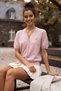 Pastel Pink V-Neck Short Sleeve Front Decorative Buttoned Non-Stitched Casual Knitwear Sweater 58 60 - 3