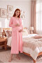 Women's Pink Short-Sleeved Lace Bow Detailed Buttoned Long Nightgown with Lace Pockets, 2-Piece Maternity Pajama Set - 2