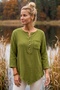Green Pool Collar 3/4 Sleeve Half Placket Pocketed Casual Muslin Asymmetric Woven Blouse 70 65 - 3