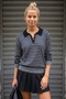 Gray Polo Collar Cuffed Sleeves Striped Half Placket Buttoned Hem Lycra Knitted Sweater 62 60
