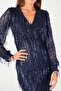 Fringed Sequin Fabric Pencil Dress - Navy Blue - 4
