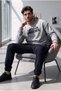 Men's Gray Reverse Stitch Detailed Crew Neck Navy Blue Sweatpants Vegan Set - 4