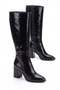 Women's Black Winter Patent Leather Zippered Pointed Toe 7 cm Thick Heeled Long Below-Knee Boots Bolde