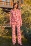 Women's Shirt Collar Patterned Comfortable Red Pajama Set - 4