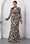 V-Neck Long Sleeve Zebra Pattern Satin Dress K-262715 - 3
