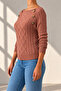Women's Boat Neck Hair Knit Patterned Button Detailed Cinnamon Knitwear Sweater - 3