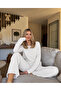 Women's Long Sleeve Patterned Report Fabric Soft Pajama Set – Relaxed Fit Crew Neck Bottom Top Set