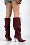 Zri̇nxx-2003 Premium Burgundy Suede Bellows Thin Heeled Daily Women's Boots 11 cm