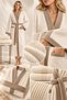 3 Piece Women's Kimono Robe Set 100% Cotton Certified Contrast Striped Women's Robe Set - Cream - 4