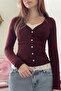 Burgundy Buttoned Lace Collar and Waist Detail Y2K Long Sleeve Crop Top