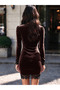 Women's long sleeve v neck lace front button short velvet dress - 4