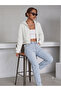 Women's White Hooded Zippered Oversize 3 Thread Raised Crop Cardigan - 3