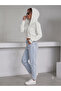 Women's White Hooded Zippered Oversize 3 Thread Raised Crop Cardigan - 2
