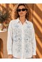 White Beaded Stone Embellished Oversize Casual Off-Shoulder Cotton Viscose Shirt - 5