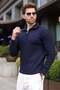 Navy Blue Stand Collar Half Zipper Striped Men's Knitwear Sweater E7535