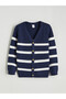 Navy Blue V-Neck Striped Boy's Knitwear Cardigan