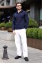 Navy Blue Stand Collar Half Zipper Striped Men's Knitwear Sweater E7535 - 3