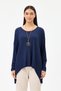 Women's Navy Blue Italian Large Size Self Horizontal Line Patterned Collared Knitwear Blouse 40 - 48 Size