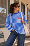 Women's Blue Striped Long Sleeve Oversize T-Shirt Crew Neck 100% Cotton - 6
