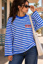 Women's Blue Striped Long Sleeve Oversize T-Shirt Crew Neck 100% Cotton - 5