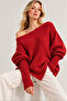 Women's Red Asymmetrical Cut Madonna Boat Neck Soft Knitwear Blouse - 2