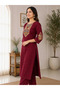 Maroon Slub Cotton Embroidered Straight Kurta Pant Set - LRN9737 | Maroon-Size:2XL-44-Inches - 4