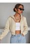 Women's Beige Hooded Zippered Oversize Cut 3 Thread Ribbed Crop Jacket - 5