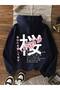 Women's Cherry Blossom and Japanese Letter Printed Hooded Sweatshirt - 3