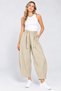 Women's Beige High Waist Barrel Cut Belted Thick Cashmere Pocket Trousers