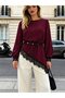 Elegant Touch of Lace - Women's Crew Neck Asymmetrical Lace Detailed Long Sleeve Imported Crepe Blouse (Belt Is Not Included!) - 3