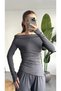 Women's Anthracite Madonna Boat Neck Asymmetrical Cut Top and Wide Leg Elasticated Trousers Viral Two-Piece Set - 4