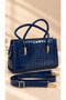 Crocodile Patterned Women's Hand and Shoulder Bag with Gold Detail - 3