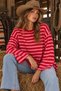 Women's 100% Cotton Striped Oversize Long Sleeve T-Shirt Pink Claret Red - 7