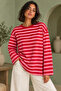 Women's Pink Burgundy Striped Crew Neck Oversize Sweatshirt