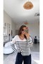 Navy Blue Striped V-Neck Dlv Mercerized Knitwear