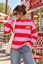Women's 100% Cotton Oversize Striped Sweatshirt with Crew Neck - 3