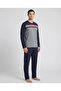 Men's Pajama Set Long Sleeve Navy Blue Gray Patterned Relaxed Fit - 3