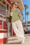 Women's 100% Cotton Yellow Navy Blue Striped Oversize Crew Neck Long Sleeve T-Shirt - 6