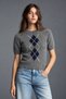 Women's Diamond Patterned Short Sleeve Crew Neck Knitwear Sweater - 2