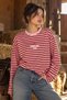 Women's Red Striped Oversize Crew Neck Long Sleeve T-Shirt